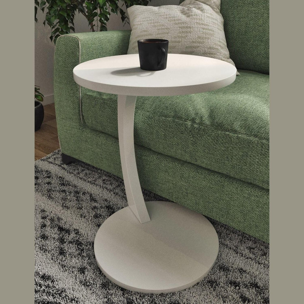 White Wheeled Round C-Shaped Side Table