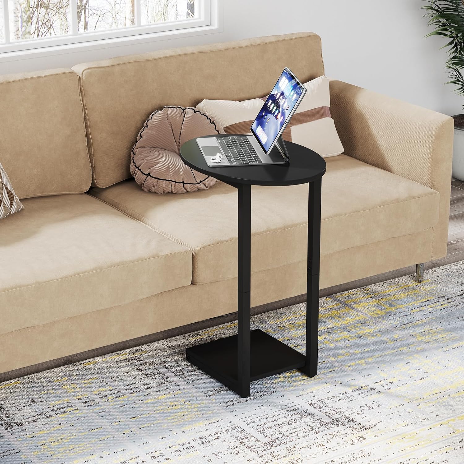 Black Wooden C-Shaped Couch Side Table