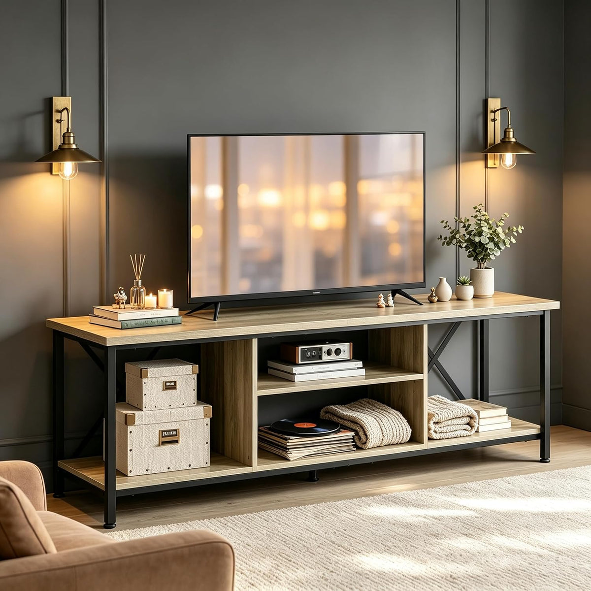Grey Adjustable Industrial Media TV Stand