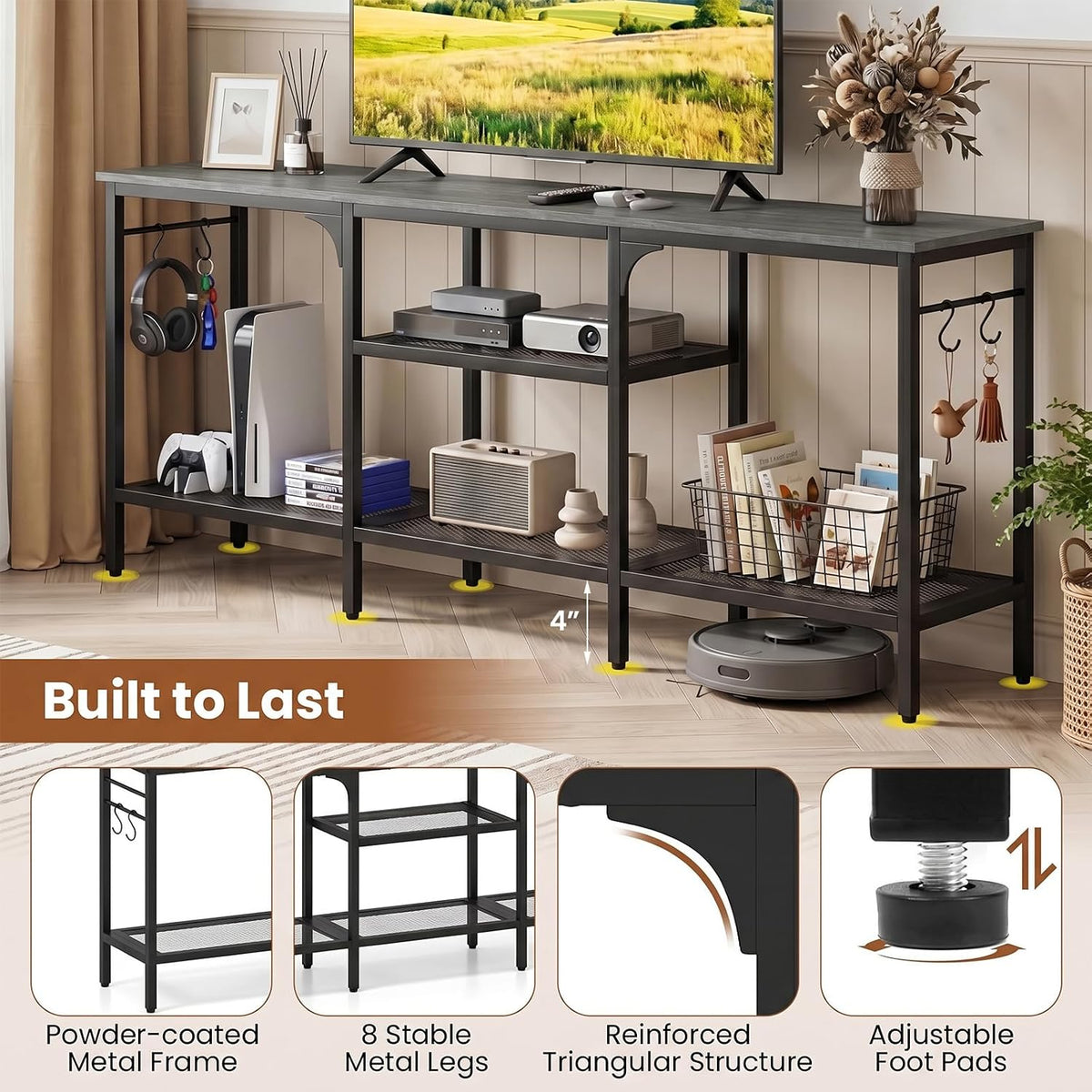 Oak 3-Tier Industrial TV Console Stand