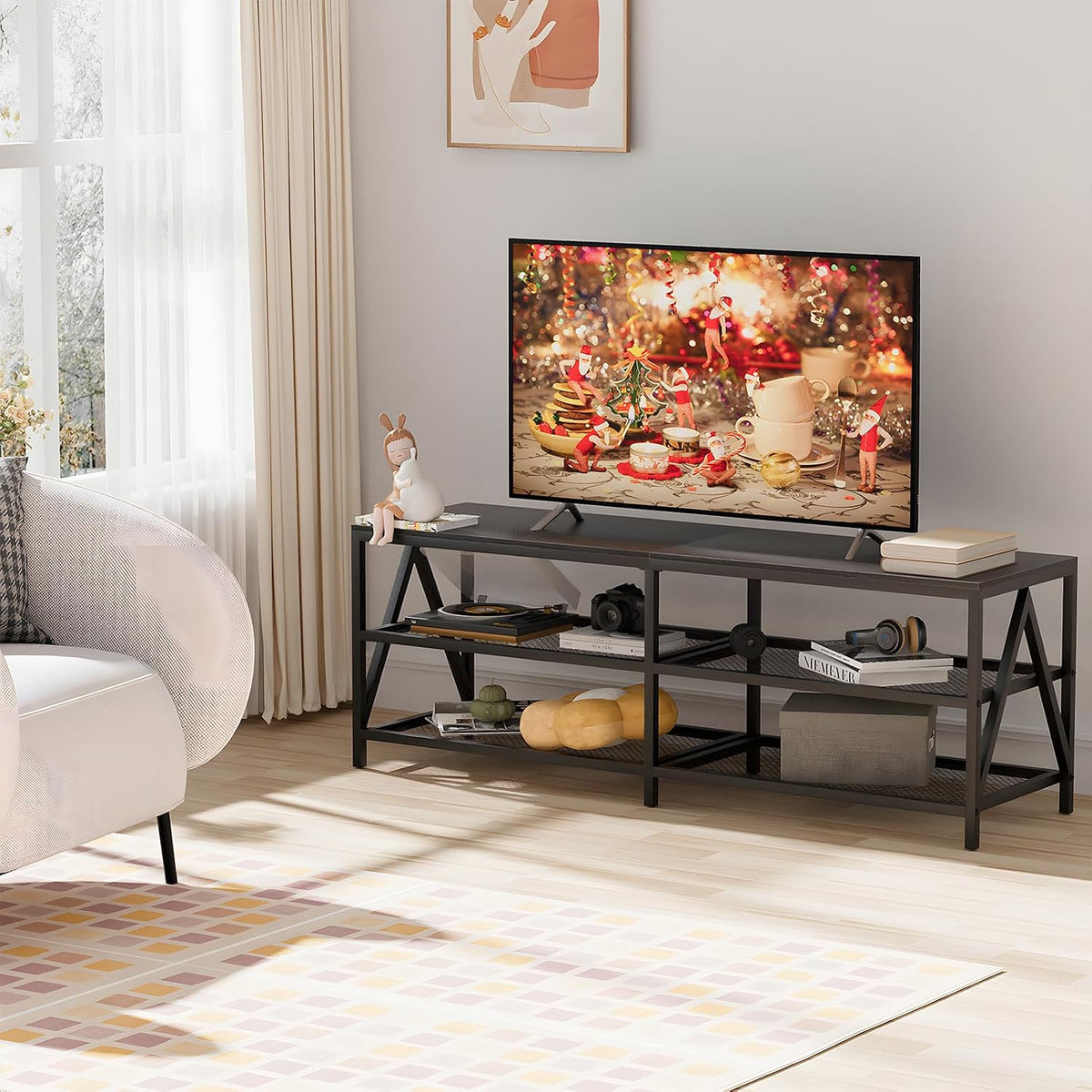 Black 3-Tier Industrial TV Console Stand